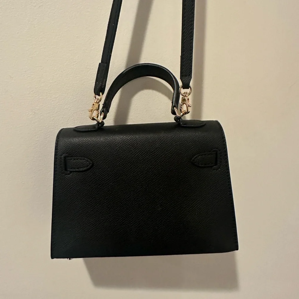 Structured Black Crossbody Bag with Gold-Tone Lock